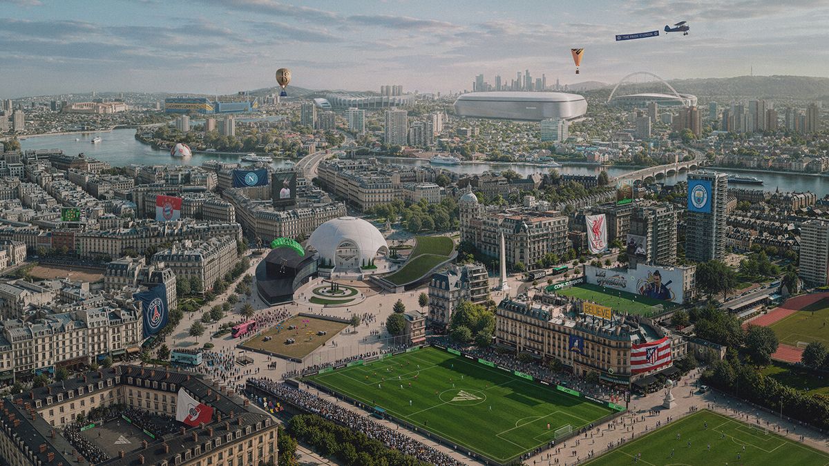 Official EA Sports FC 27 artwork: a European city built around football pitches