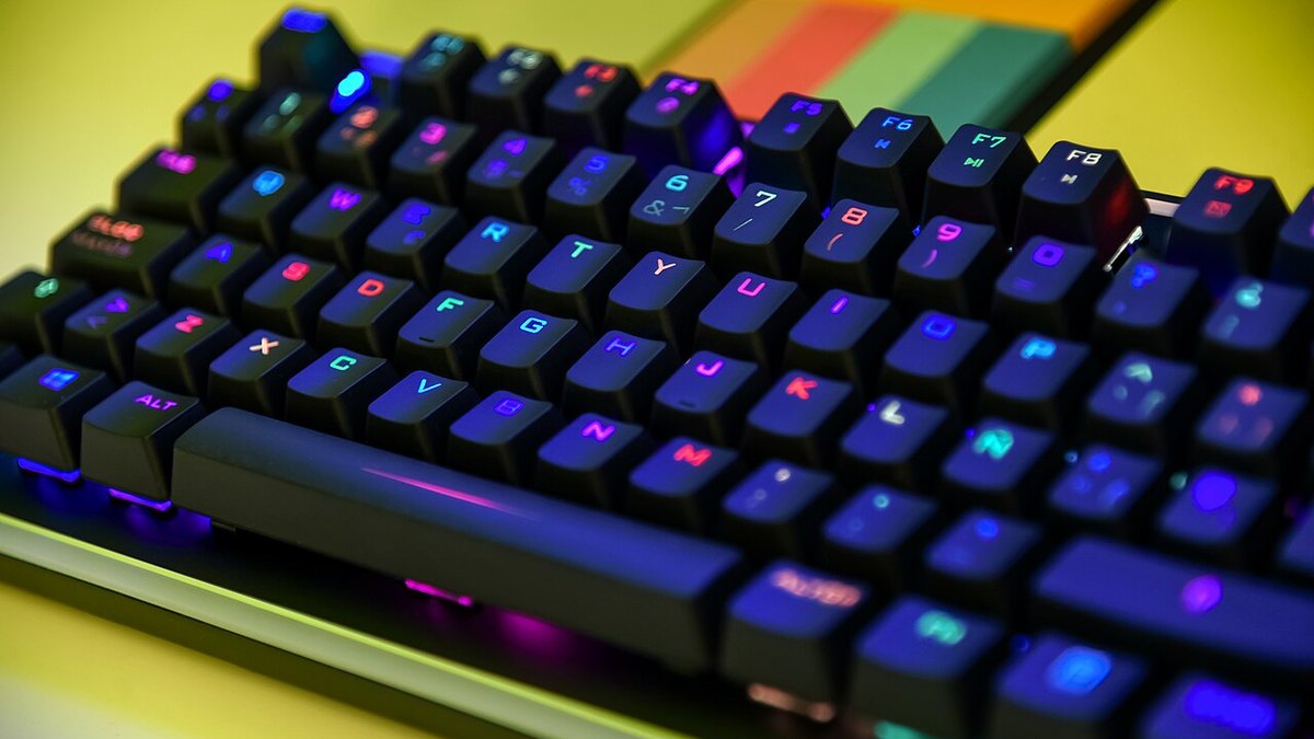 Close-up of an RGB-backlit mechanical gaming keyboard